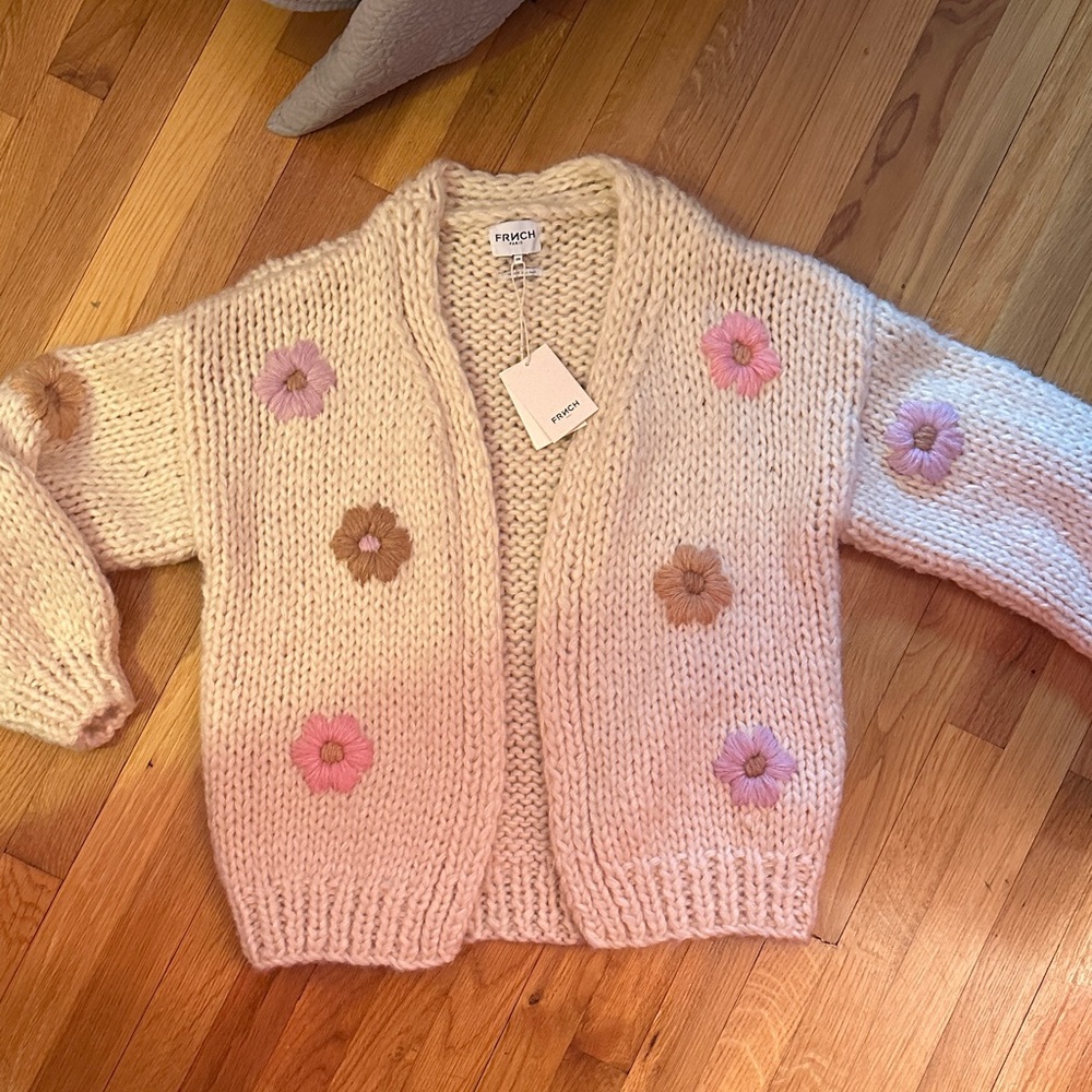 FRNCH Cream Cardigan with Pink and Brown Floral Patterns